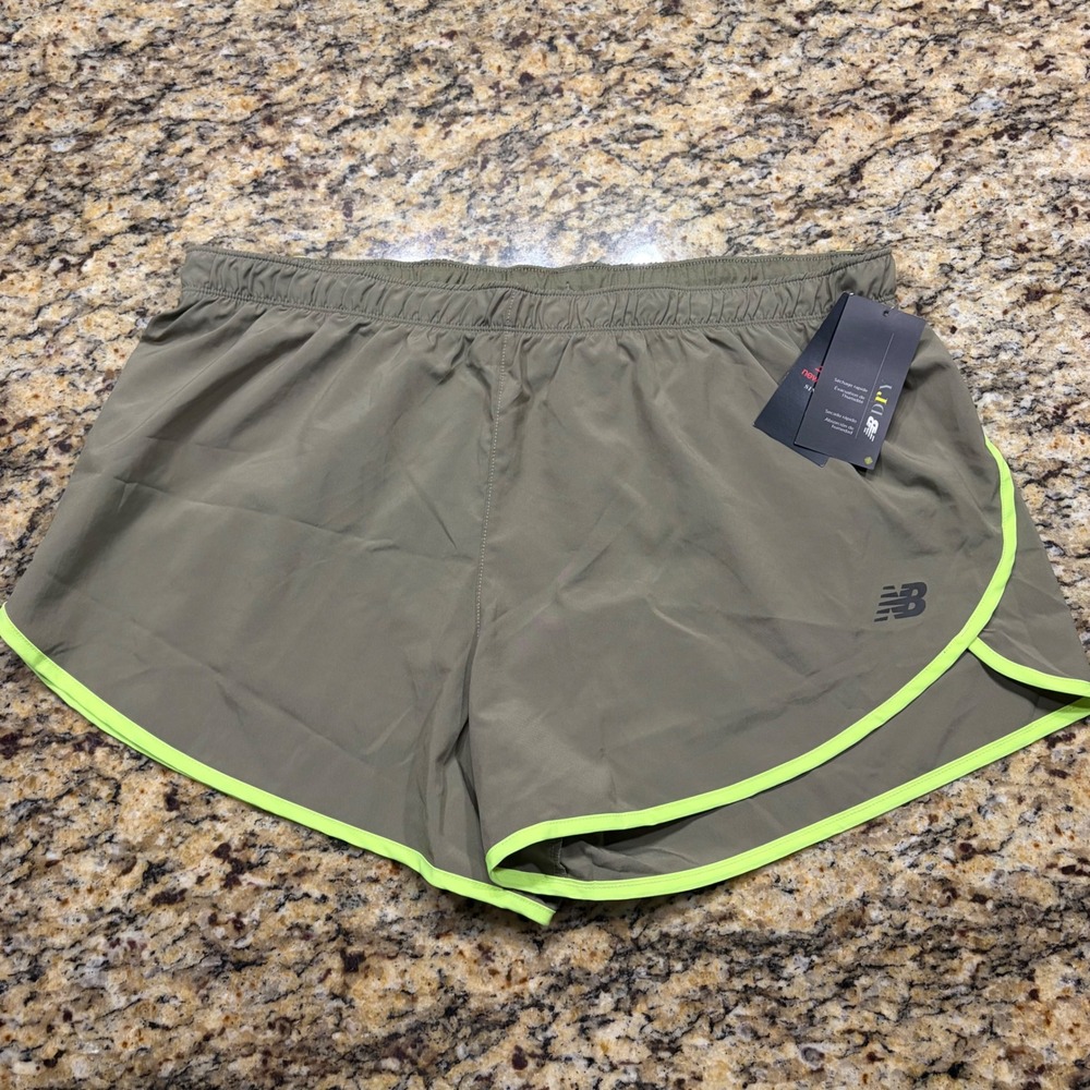 NEW New Balance Womens NB Dry Running Shorts Olive Green Neon Yellow XL ws